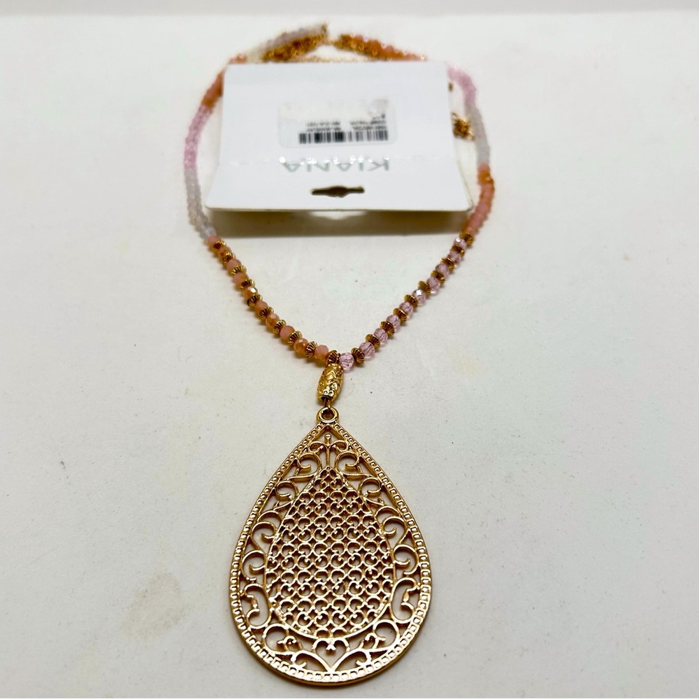 Kiana, Long Pink Crystal Necklace With Gold Filigree Pendant, NOC